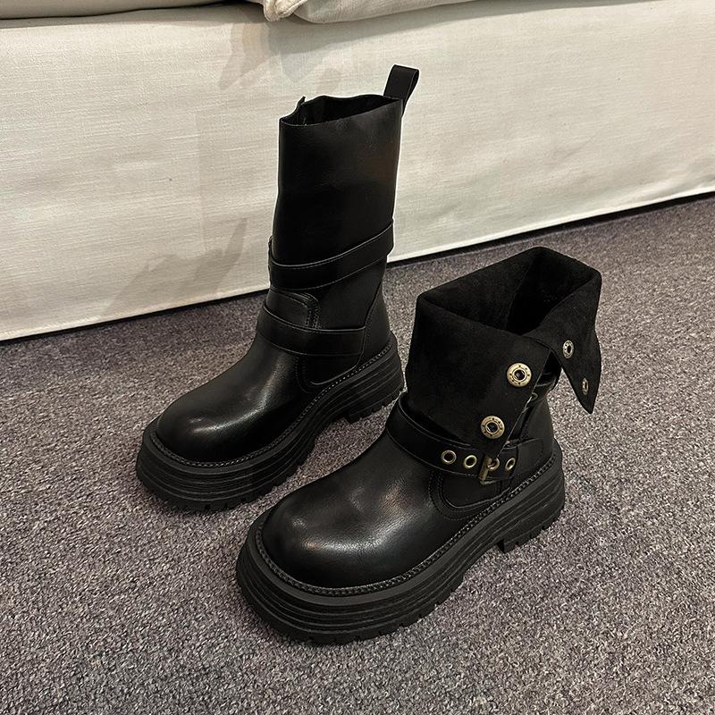 Retro Thick-heeled Thick-soled Martin Boots 2024 New British Style Thin and Foldable Height-increasing Short Boots