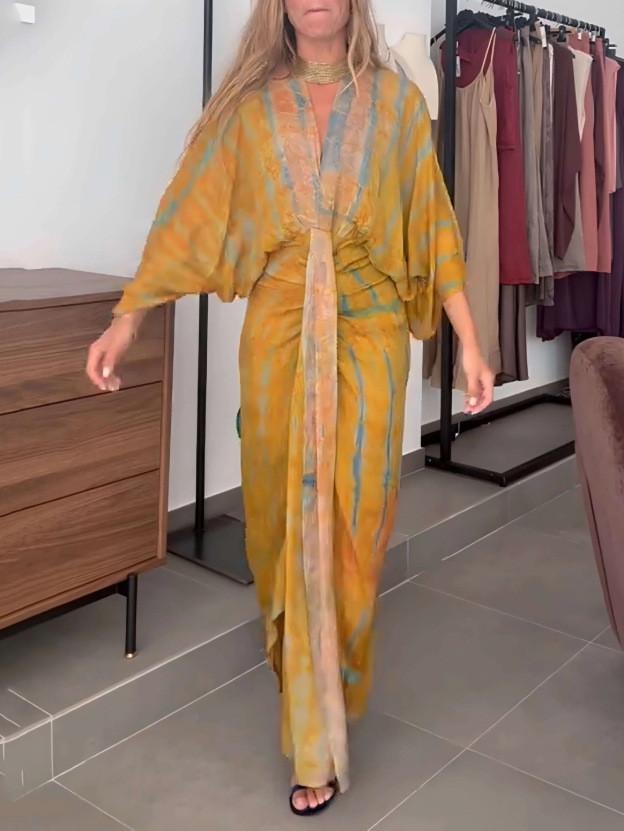 Bohemian Print Długa Sukienka Z Wiązanym W Pasie Na Codzienne Jesienne Stylizacje