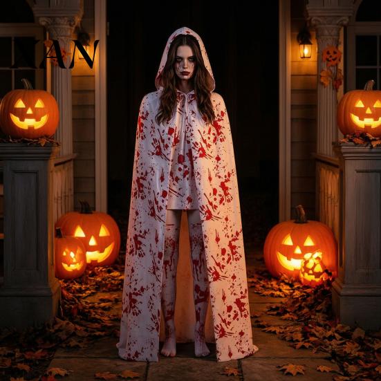 Breathable Horror Cosplay for Girls Halloween Blood Print Costume Women, Scary Apron, Hooded Elastic Polyester Themed Apparel Cloak, Stockings Outfits