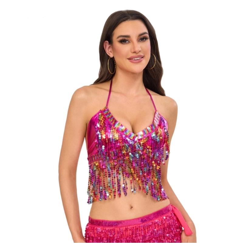 Belly Dance Costume for Women Belly Dancing Glitter Bra Tops Sequins Fringes Tassels Halter Tops for Stage Performances