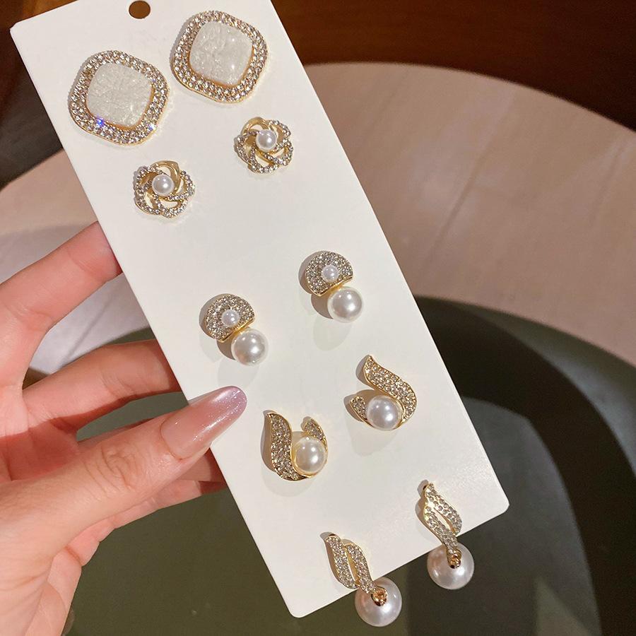 6/10/12 Pcs Simulated Pearl Round Square Stud Earrings Small French Elegant Daity Ear Studs for Women Daily Jewelry Sets F