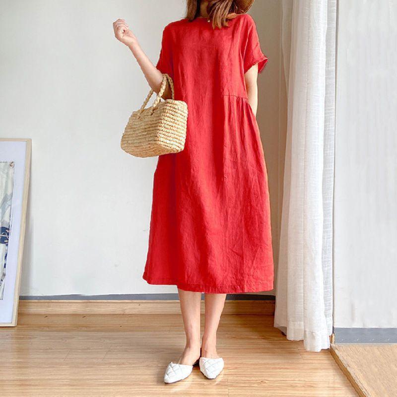 Luxurious Cotton Loose And Thin Dress For Women With Short Sleeves And Round Neck