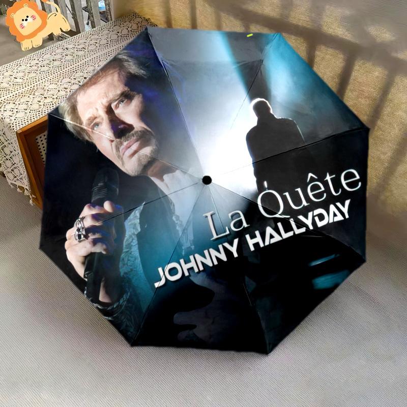 1 Stück Johnny Hallyday Muster Regenschirm Tragbarer Faltregenschirm Eisenrahmen Loch Rippenstruktur Outdoor Heimregenschirm