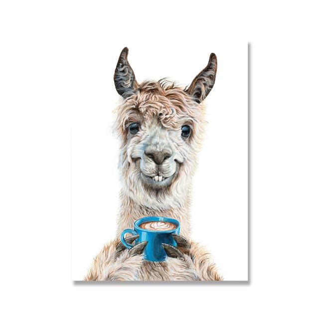 Funny Animals Drinking Coffee In the Morning, Poster Printing, Lama, Latte, Grizzly, Tiger Fox, Canvas, Painting, Decor for Kitchen,