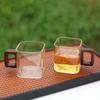 Ancient Style Glass Tea Cup Kung Fu Tea Set for Entertaining Guests Tea Tea Cup Wooden Handle Heat-resistant Glass Single Layer Small Square Cup