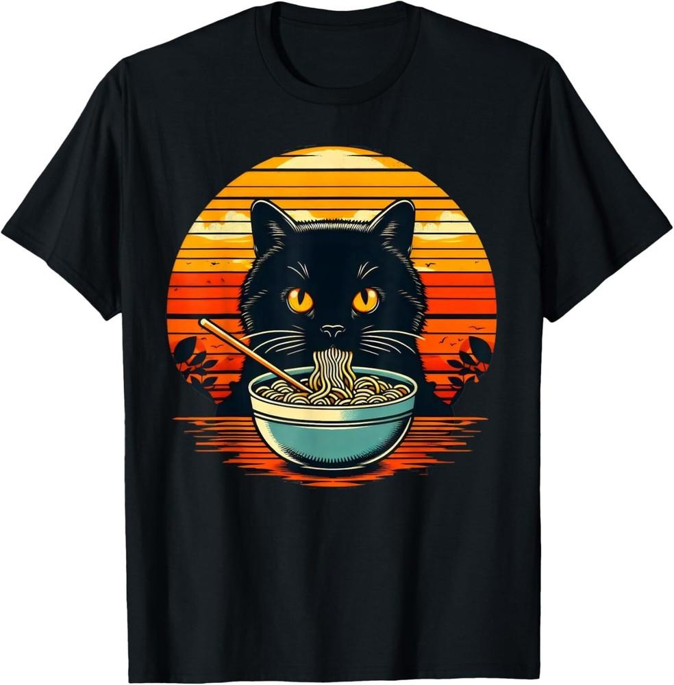 Funny Cat Eating Ramen Retro Japanese Noodles Tee Gift Unisex T-Shirt