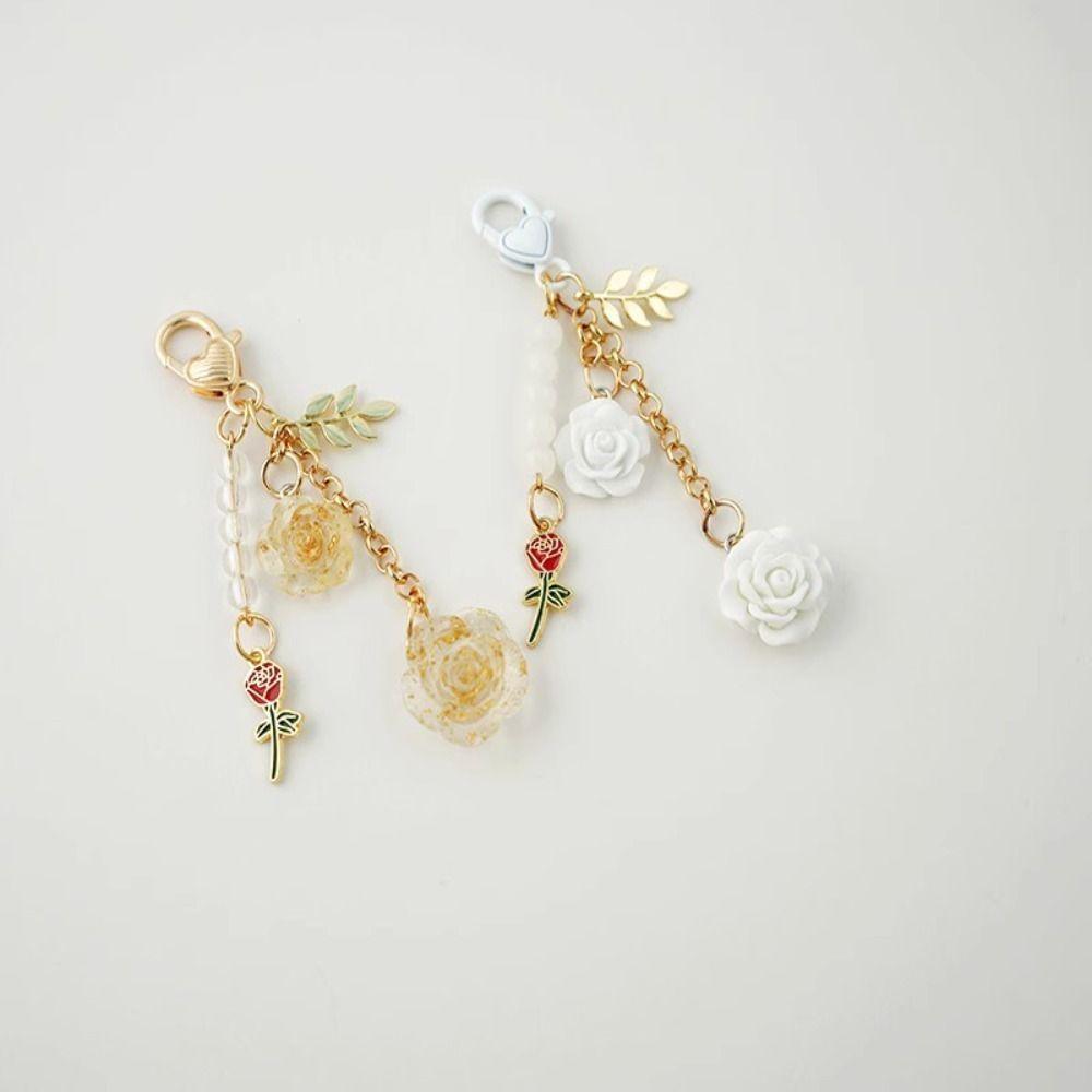 Flower Keyring 3D Rose Camellia Keychain Metal Leaf Sweet Earphone Case Hanging