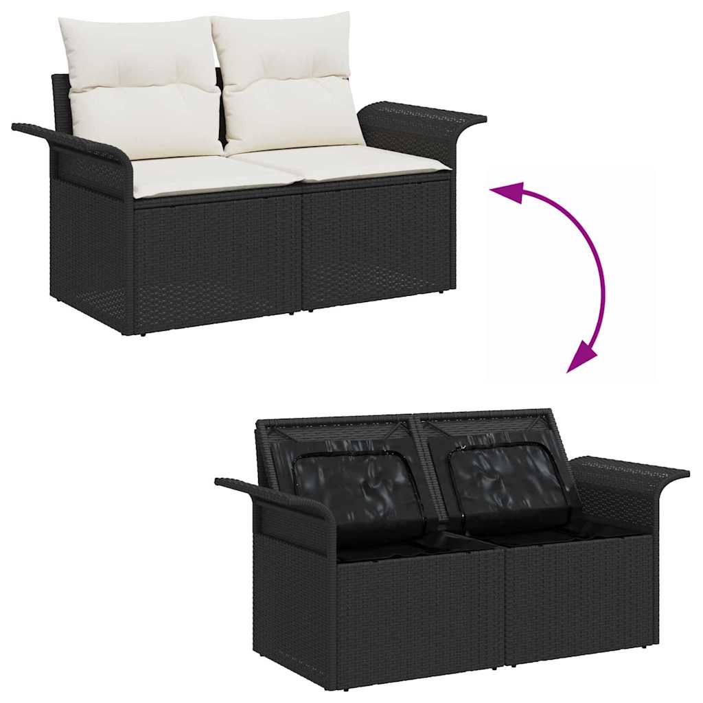 7 Piece Garden Sofa Set with Storage in Black and Cream Poly Rattan