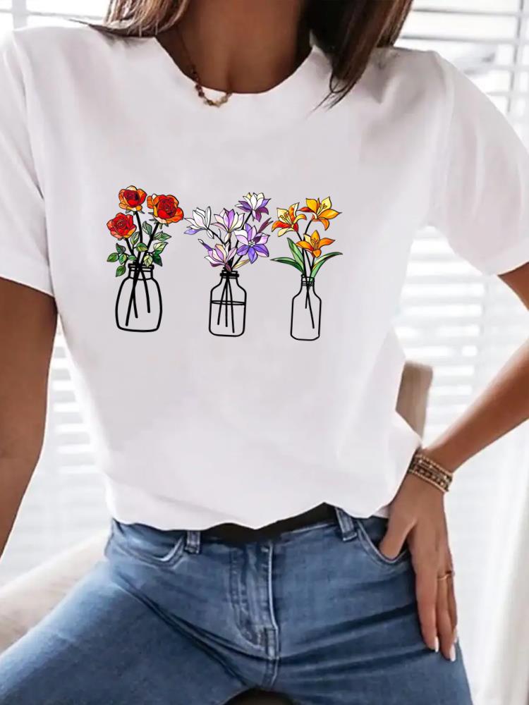 (Asian Size) Flower Trend Print Women Clothing Tee Top Woman Short Sleeve T Shirt Fashion Female Graphic T-shirts