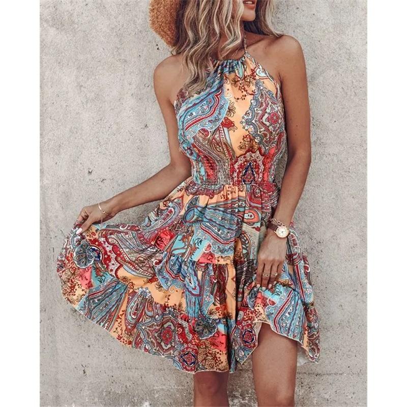 Robe Imprimée Sexy Sans Bretelles à Col Halter pour Femmes