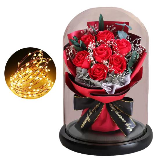 Yousheng Artificial Rose Bouquet with LED Light Glass Dome Cover Eternal Flower Decoration Women Wife Girlfriend Anniversary Valentine's Day Mother's