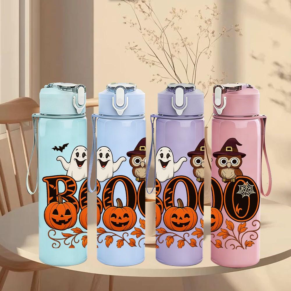 1PC Boo Halloween Ghost Pumpkin Pattern 750ml Color Plastic Sports Water Bottle Leakproof Flip Straw Lid Suitable for Sports Office Home Use