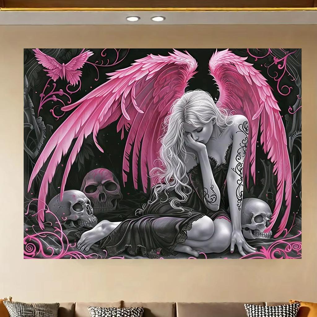 Dark Gothic Angel Tapestry with Pink Wings And Skull Art for Bedroom Bar Hip Industrial Style Home Decor Cool Space