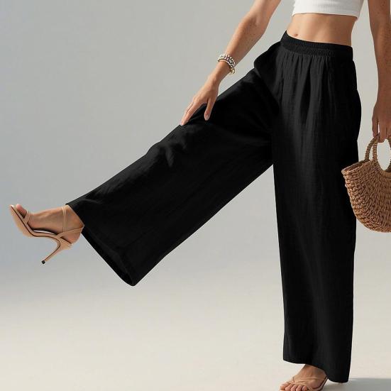 Women Pants High Waist Straight Wide Leg Long Trousers with Elastic Waistband Deep Pockets Anti-Wrinkle Casual Pants