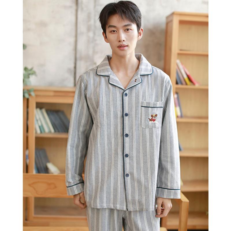 Couple's Sleepwear Autumn Long-Sleeved Set with Simple Stripes
