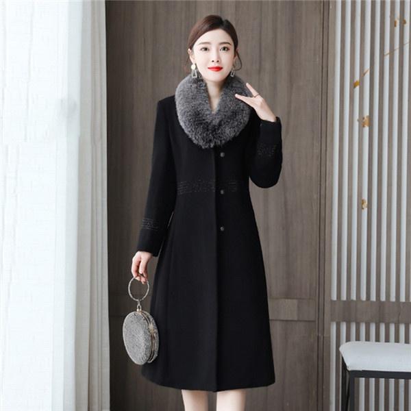 Big Fur Collor Women Woolen Coat Black Long Trench Coat Jacket Slim Wool Blend Coat Elegant Casual Jacket Vintage Gothic Jacket