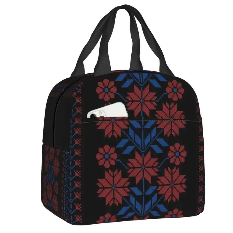 Embroidery Traditional Folk Art Insulated Lunch Bag Tatreez Cross Portable Thermal Cooler Lunch Box