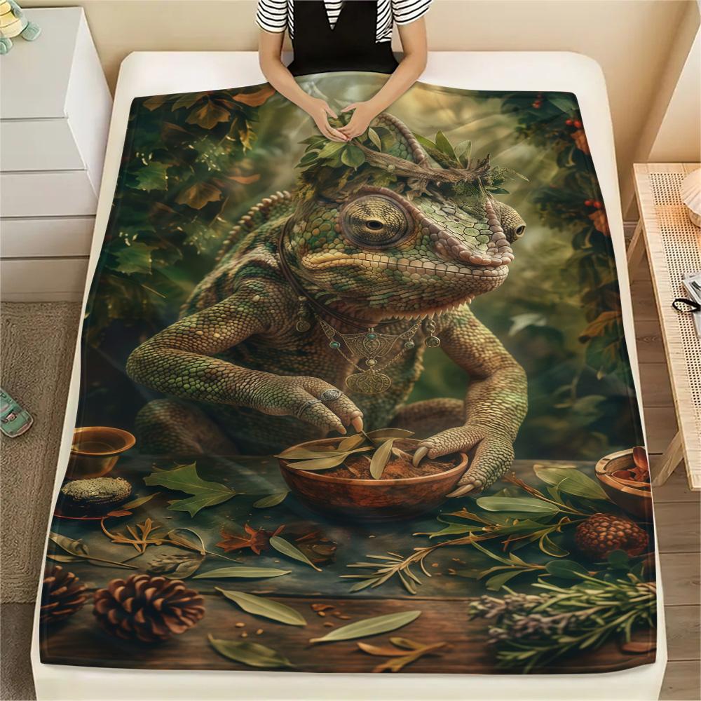 1PC Chameleons and Plants Print FlAannel Blanket, High quality Comfortable for All Seasons, Home Decor, Warmth and Comfort