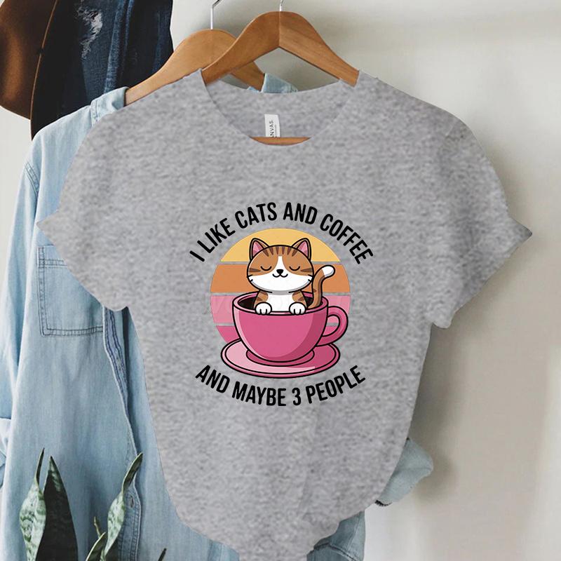 Kawaii Cat Coffee Lover T Shirt I Like Cats and Coffee Classic Top Tees Crew Neck Summer Clothes Coffee Lover Gift Cat Mom Shirt