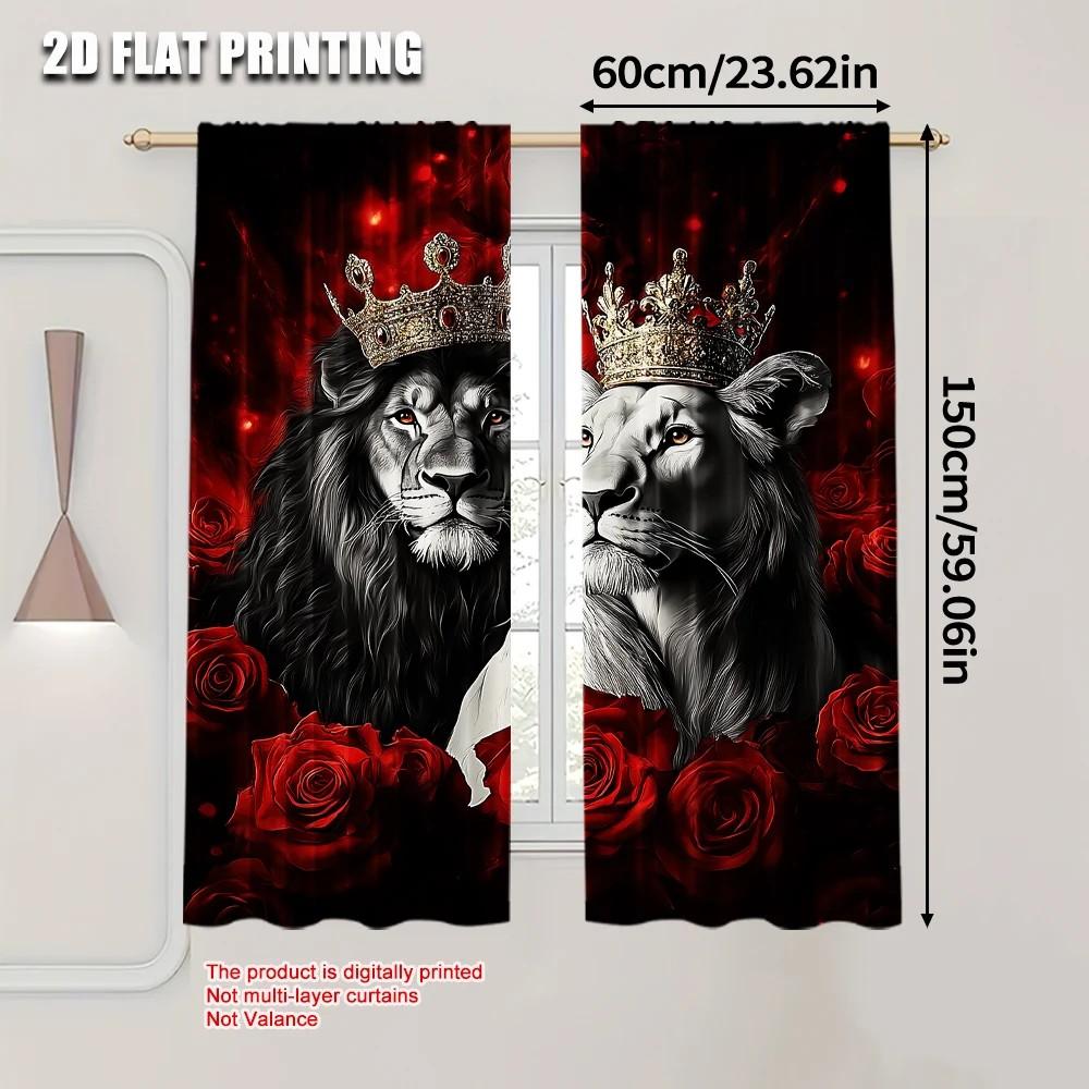 2 PCS Royal Lion and Red Rose Print Curtains   Stylish 2D Flat Digital Design   Light Filtering Fabric   Perfect Valentine's Day Li