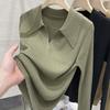 Women's Polo Collar Sweater Spring Autumn Knit Pullover Long Sleeve Loose Stretch Knit Top
