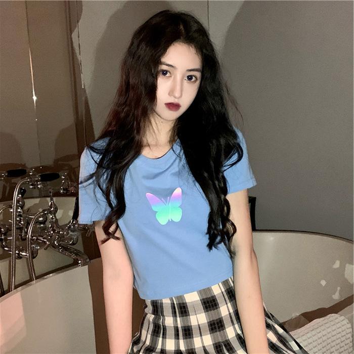 Unisex Crew Neck Short Sleeve T Shirt Oversized Reflective Butterfly Print Couple Matching Crop & Regular Length Top Summer Streetwear Student Blouse