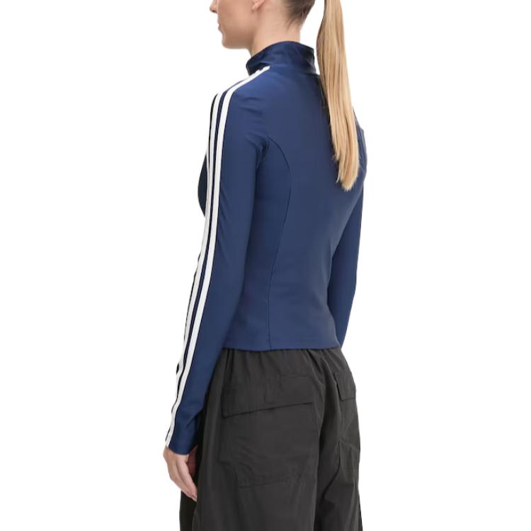 adidas Originals Striped Stand Collar Zipper Long Sleeve Slim Jacket Women Jackets Midnight-Blue JD5023