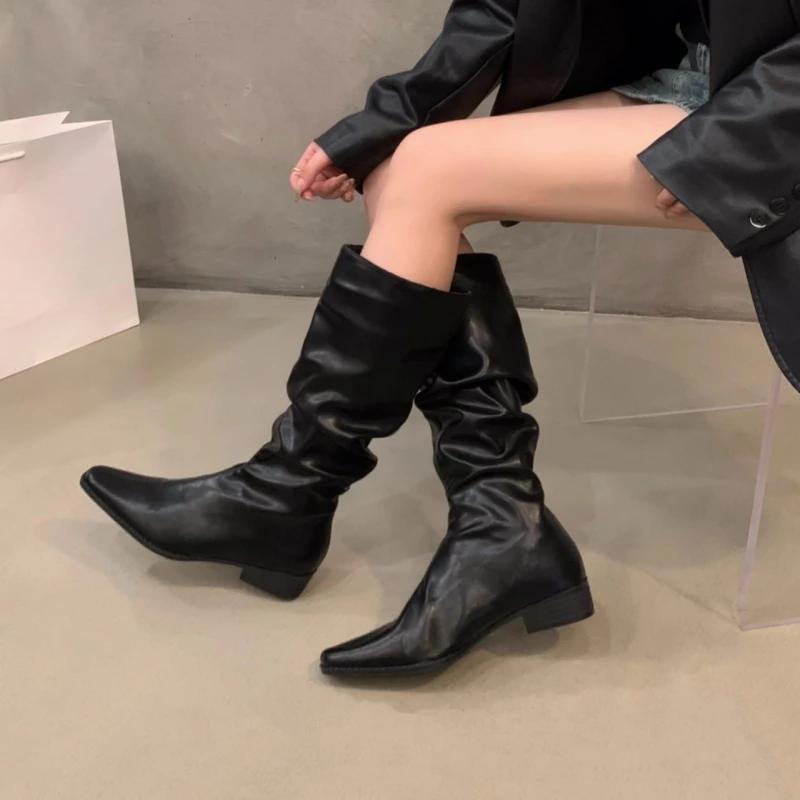 Fashion Spring and Autumn New Thick Heel Fold Pile Long Knight Boots Pointed Low Heels Casual Elegant Temperament Sleeve Slim Boots