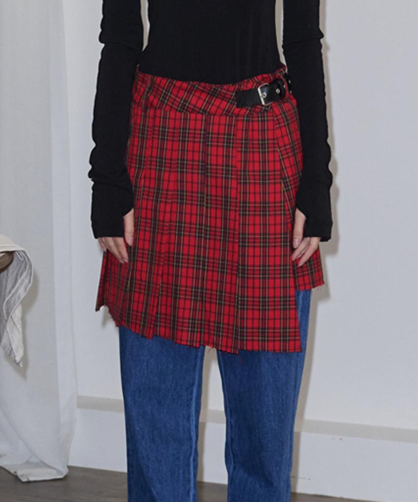 Opening Sunshine Buckle Pleated Check Wrap Mini Skirt_Red