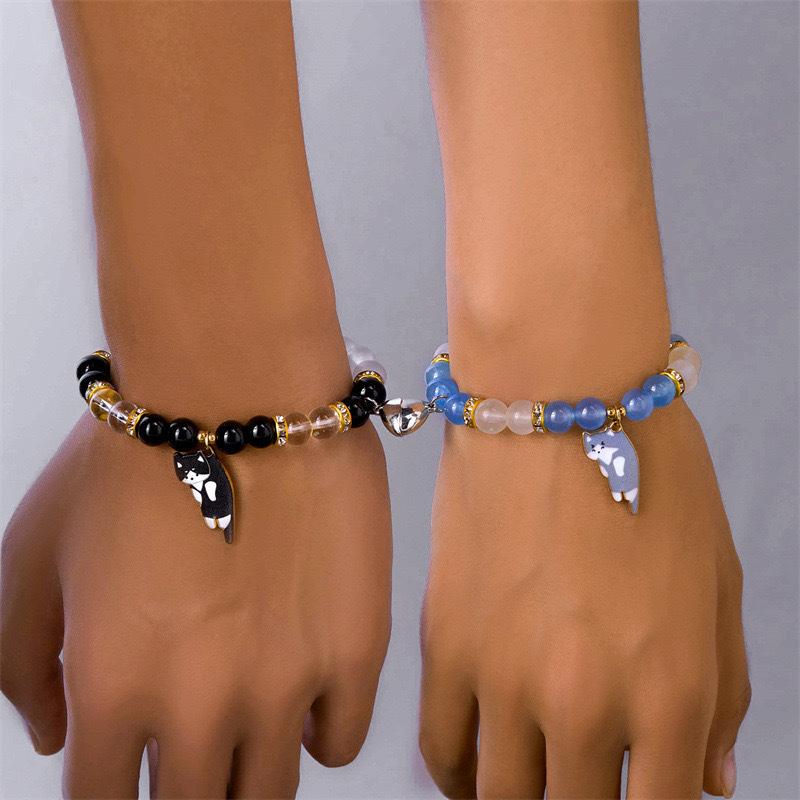 Magnetic Couple Bracelets 2Pcs Matching Cat Pendant Handmade Friendship Jewelry Adjustable Rope Gift for Lovers Girls