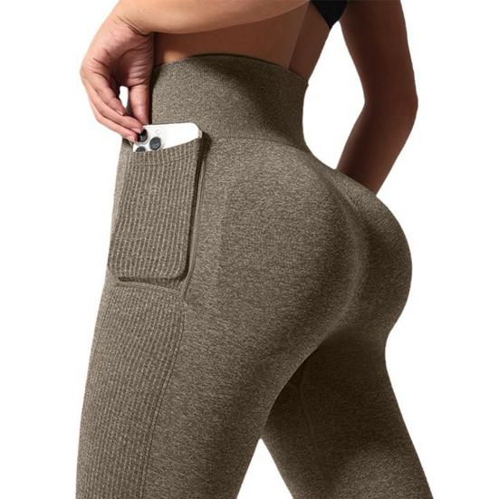 Women Yoga Pants High Waist Solid Color Ribbed Leggings with Side Pocket 3D Engineering Style Gym Trousers