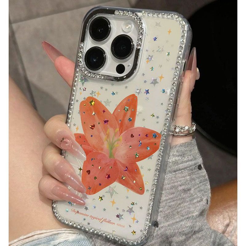 ins summer personalized flowers for iPhone17 mobile phone case Apple 15/16 flash diamond stars 13 laser 14 sets