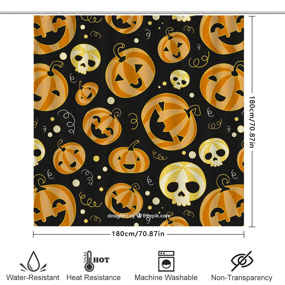 Spooky Halloween Decorpumpkin Jack Skellington Skull Shining In The Dark Bat Waving Curtain Set For Your Bathroom Decoration!