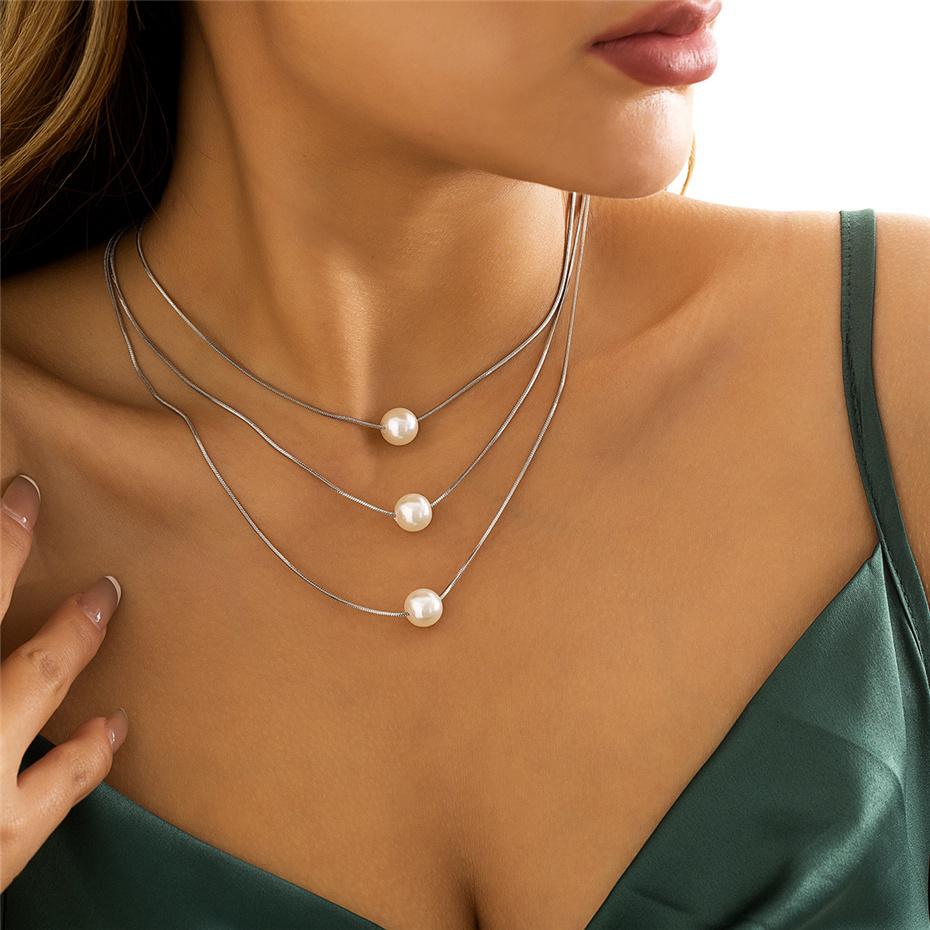 Multi-layer Snake Chain Choker Necklace For Women Girl Wedding Simulation Pearl Ball Pendant Necklace Jewelry Gift YSX