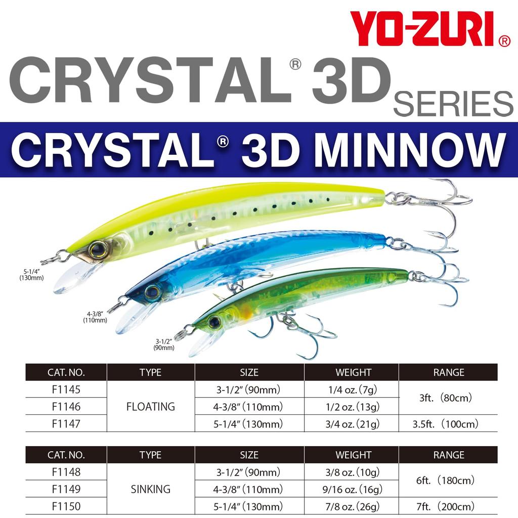 YO-ZURI Lure da Pesca Salata Crystal 3D Minnow Affondante 130mm Colore: Argento