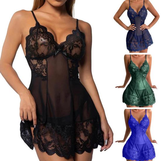 Sommer-Nachthemd für Damen, V-Ausschnitt, Spitze, Patchwork, Spaghettiträger, rückenfrei, ärmellos, schmale Passform, über dem Knie, dünn, Nachtwäsche-Kleid