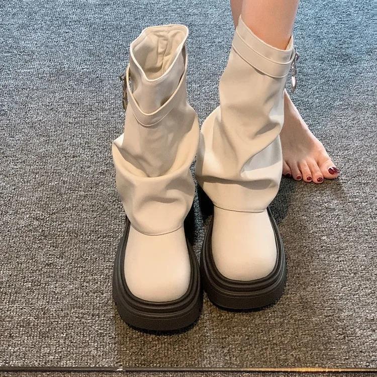 Fashion Buckle Black Ankle Boots for Women Fashion Pu Leather Thick Bottom Combat Boots Woman Thick Slip on Platform Punk Botas