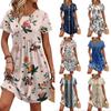 Women's Short Sleeve Floral Print Dress Casual Round Neck Waist Tie Pocket Summer Loose Fit Dress