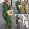 Women Dress Slant Neck Shirring Long Lantern Sleeves Loose Pure Color Pleated Full Length Vacation Beach Robe Maxi Dress