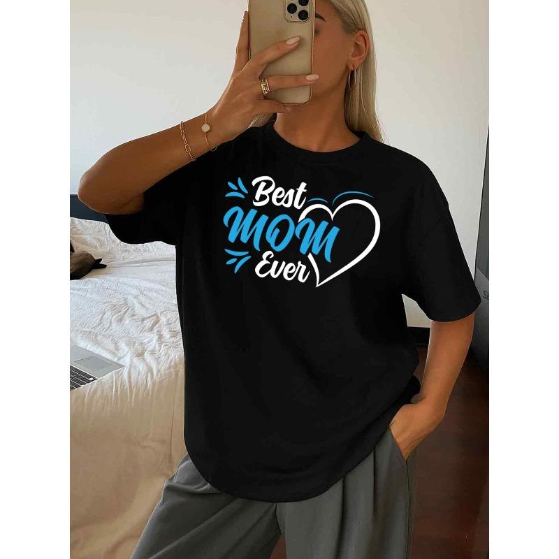 Women Best Mom Ever Graphic T-Shirt Heart Letter Print Black Round Neck Short Sleeve Casual Everyday Weekend Top