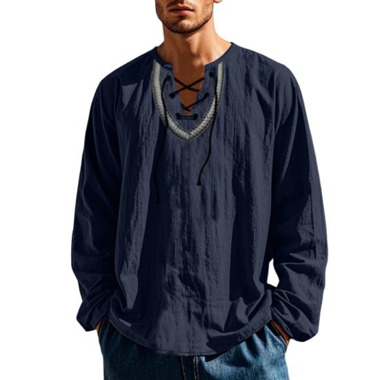 Men Causal Shirt Lace-up V Neck Loose Fit Long Sleeves Shirt Vintage Ethnic Boho Spring Fall Breathable Cotton Men Sweatshirt Top