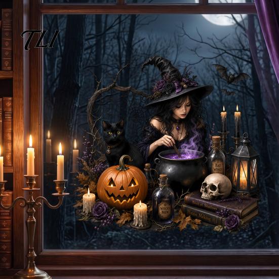Static Cling Decals Halloween Witch/Black Cat Glass Stickers, Double-sided PVC Waterproof Window Clings, Removable Decor with Pumpkins Skulls