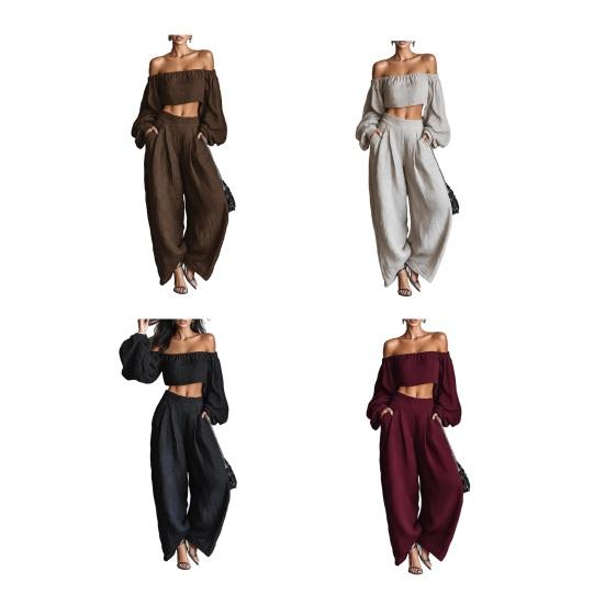Two Piece Sets for Women Long Sleeve Off Shoulder Crop Top Wide Leg Pants Set Summer Vacation Going Out Outfits