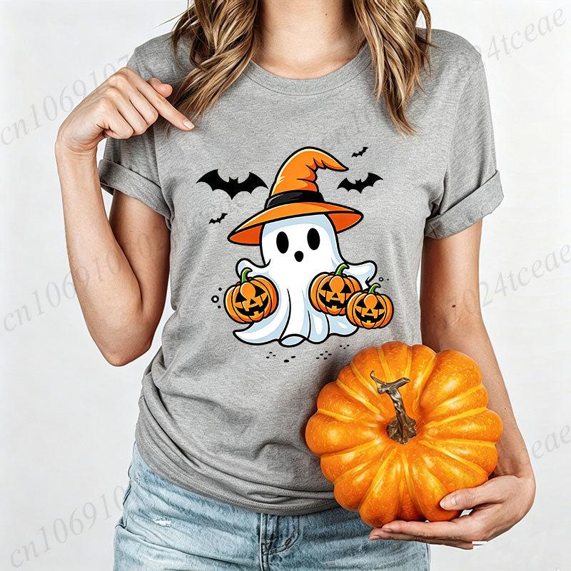 Halloween Süßes Geist Hexenhut Aufdruck T-Shirt für Damen Cartoon Kürbis Fledermaus Grafik T-Shirt Herbst Freizeit T-Shirt Halloween Kostüm Oberteile