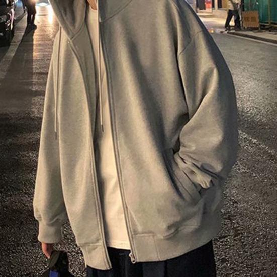 Men Hooded Jacket Zip-up Loose Sweatshirt Jacket Solid Color Casual Spring Autumn Hoodie for Sports School Street Daily Wear
