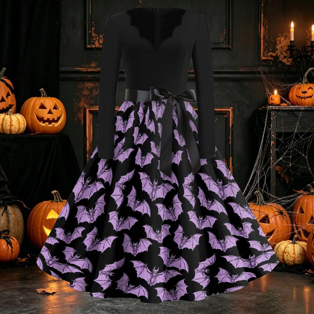 Women's Vintage V-Neck Dress with Halloween Print for Casual Parties