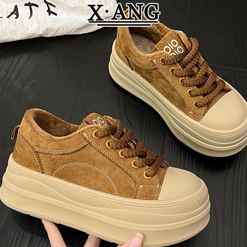 Leather platform heightening board shoes women's new autumn and winter velvet two cotton shoes bread shoes casual sports shoes