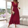 Women Summer Ruffles Short Sleeve V Neck Solid Color Holiday Beach One Piece Dress