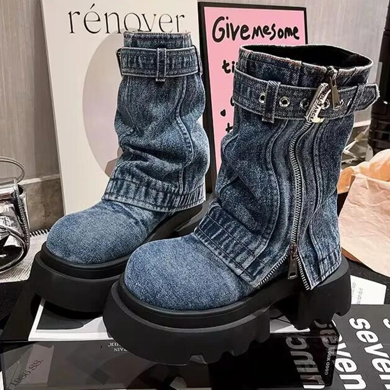 Damen Cowboystiefel Mittelhoch Reißverschluss Plateau Mittelhohe Absätze Designerschuhe Winter Neue Motorradstiefel 2024 Trend Mujer Zapatos