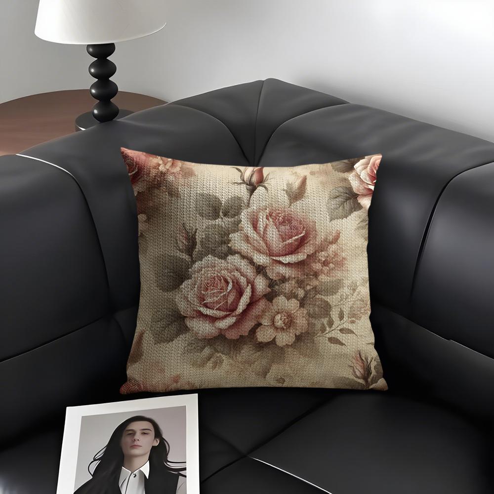 Rose Elegant Cushion Cover Natural Linen Organic Fabric Double-Sided Printing Sofa Home Decor Gift Pillow Case